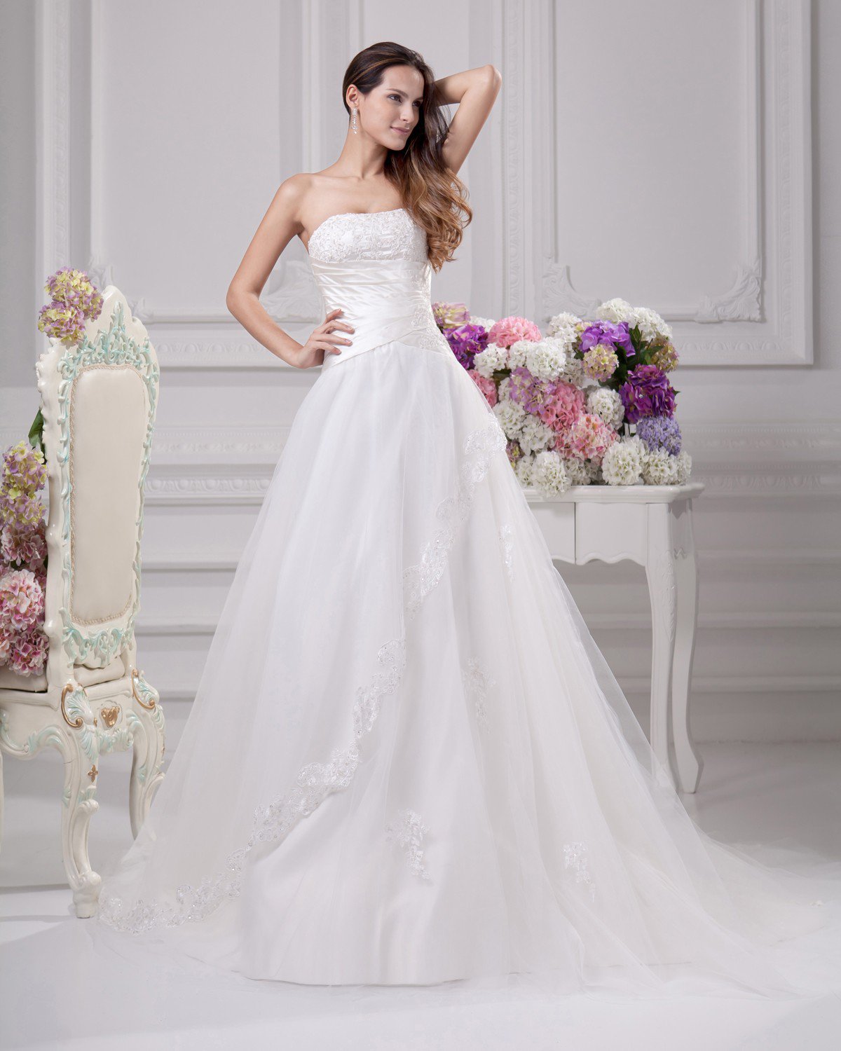 Strapless Floor Length Beading Pleated Satin A Line Wedding Dress