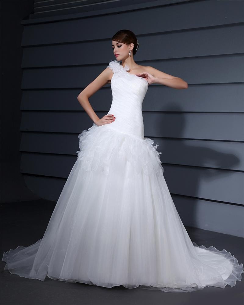 One Shoulder Floor Length Ruffles Flower Pleated Satin A Line Wedding Dress