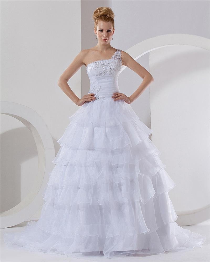 Organza Beading One Shoulder Chapel A-Line Bridal Gown Wedding Dresses