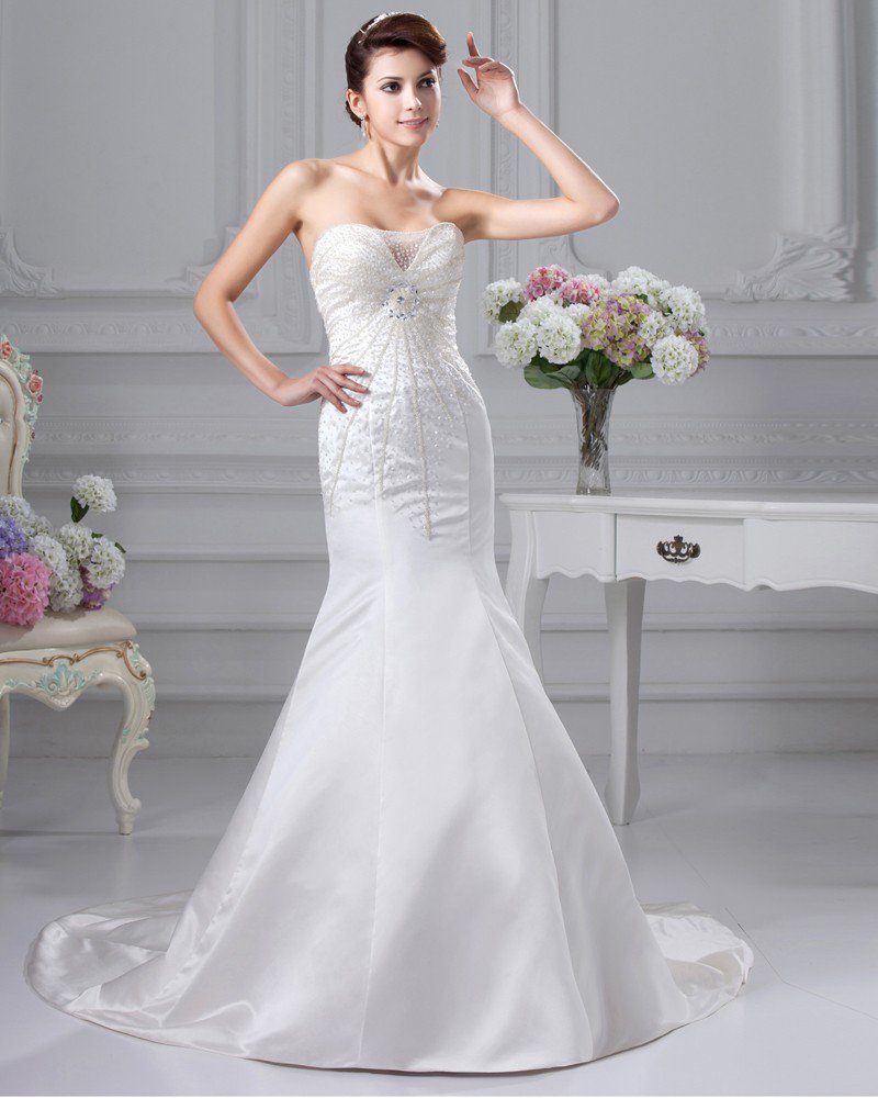 Beaded Ruffle Satin Sweetheart Chapel A-line Bridal Gown Wedding Dress