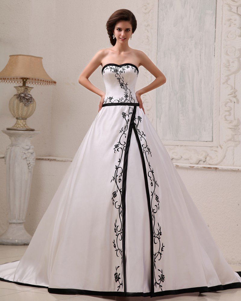 Satin Embroidery Sweetheart Court A-Line Bridal Gown Wedding Dresses