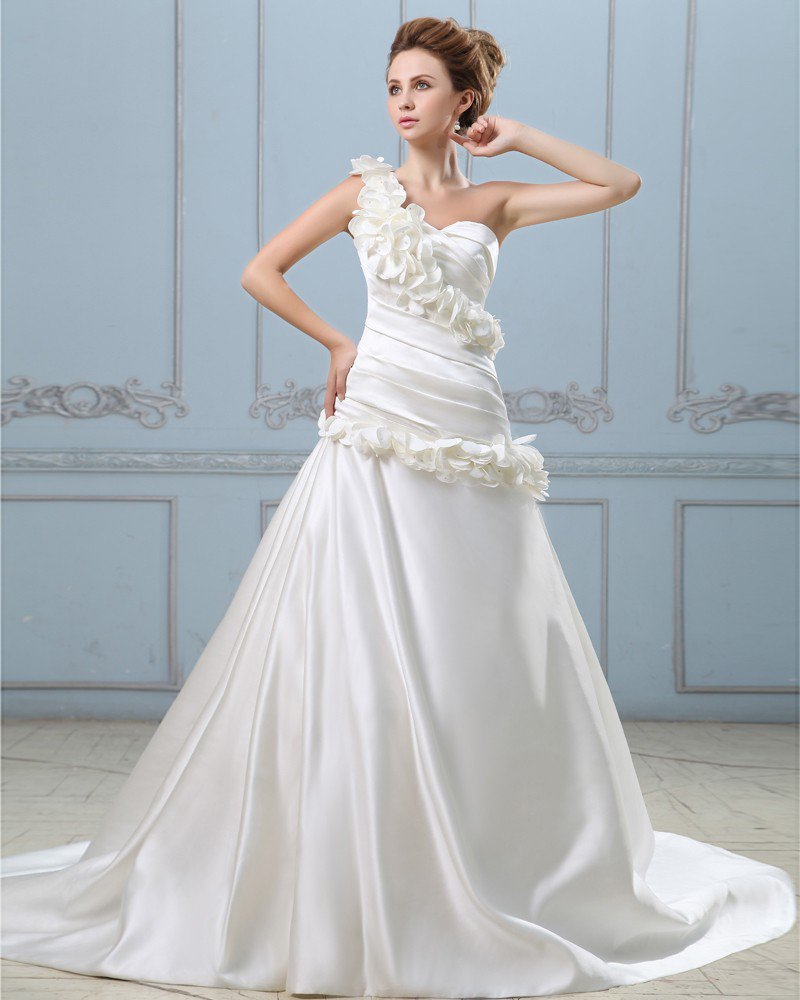 Elegant Solid Applique Ruffle A-Line One Shoulder Back Zipper Court Train Satin Wedding Dress