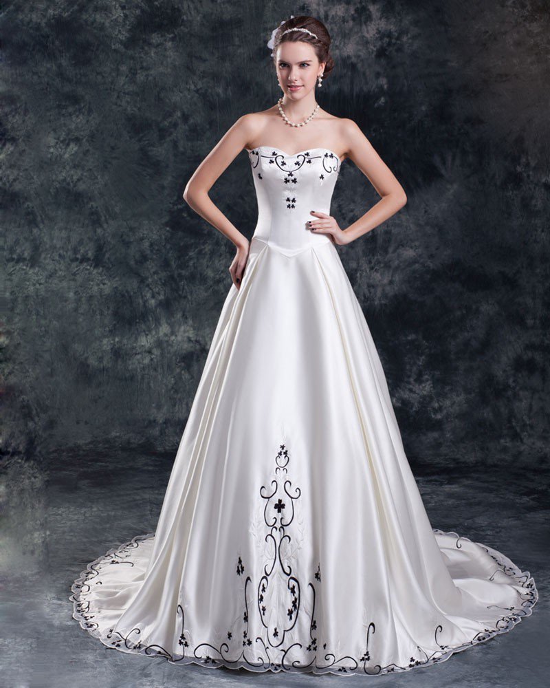 Satin Embroidery Court Train Sweetheart Women A Line Wedding Dress