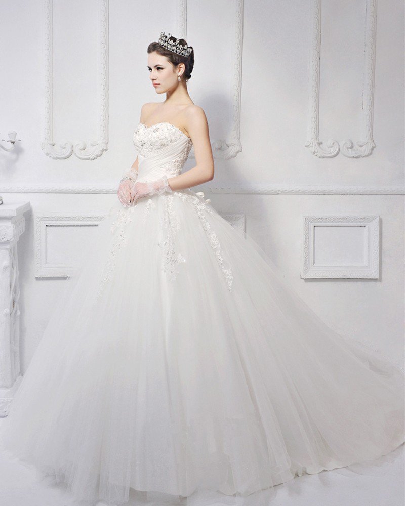 Satin Tulle Lace Beading Embroidery Sweetheart Floor Length Brush Train A-Line Wedding Dress