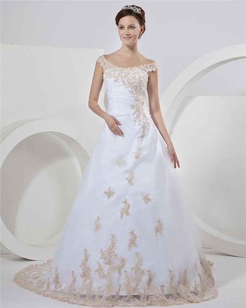 Satin Organza Beading Applique Off-the-shoulder Chapel Train A-Line Bridal Gown Wedding Dresses