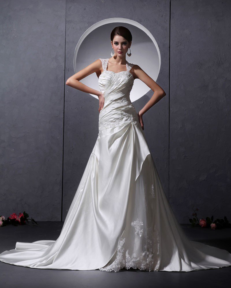 Applique Yarn Satin Ruffles Beading Sleeveless Sweetheart Chapel Train A-Line Wedding Dresses