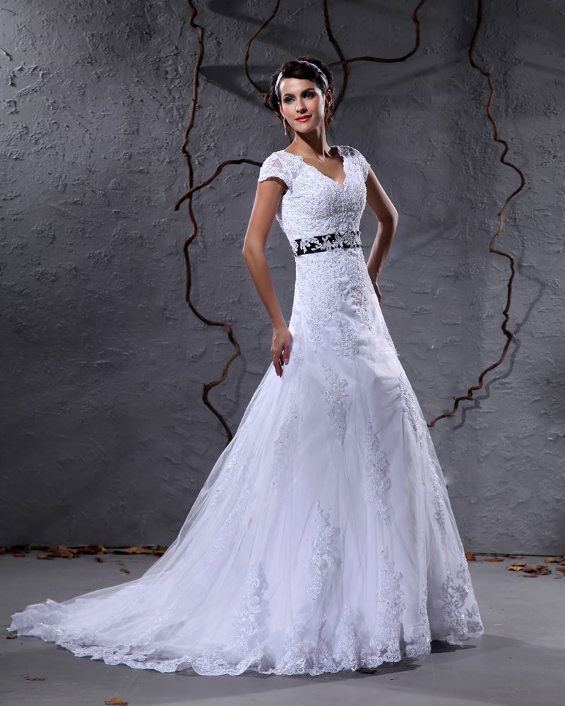 Gauze Applique Chapel Train A-line Wedding Dress