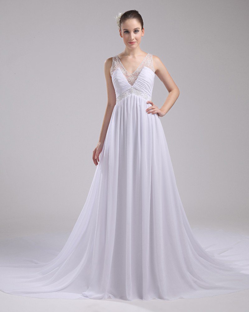 V Neck Floor Length Pleated Beading Chiffon Imitation Silk Woman A Line Wedding Dress
