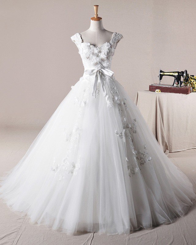 Graceful Ruffles Applique Shoulder Straps Tulle A Line Wedding Dress