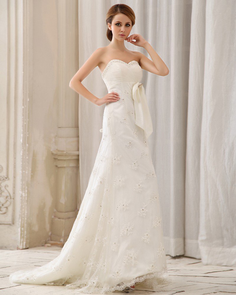 Satin Beaded Applique Strapless Chapel A-line Bridal Gown Wedding Dress