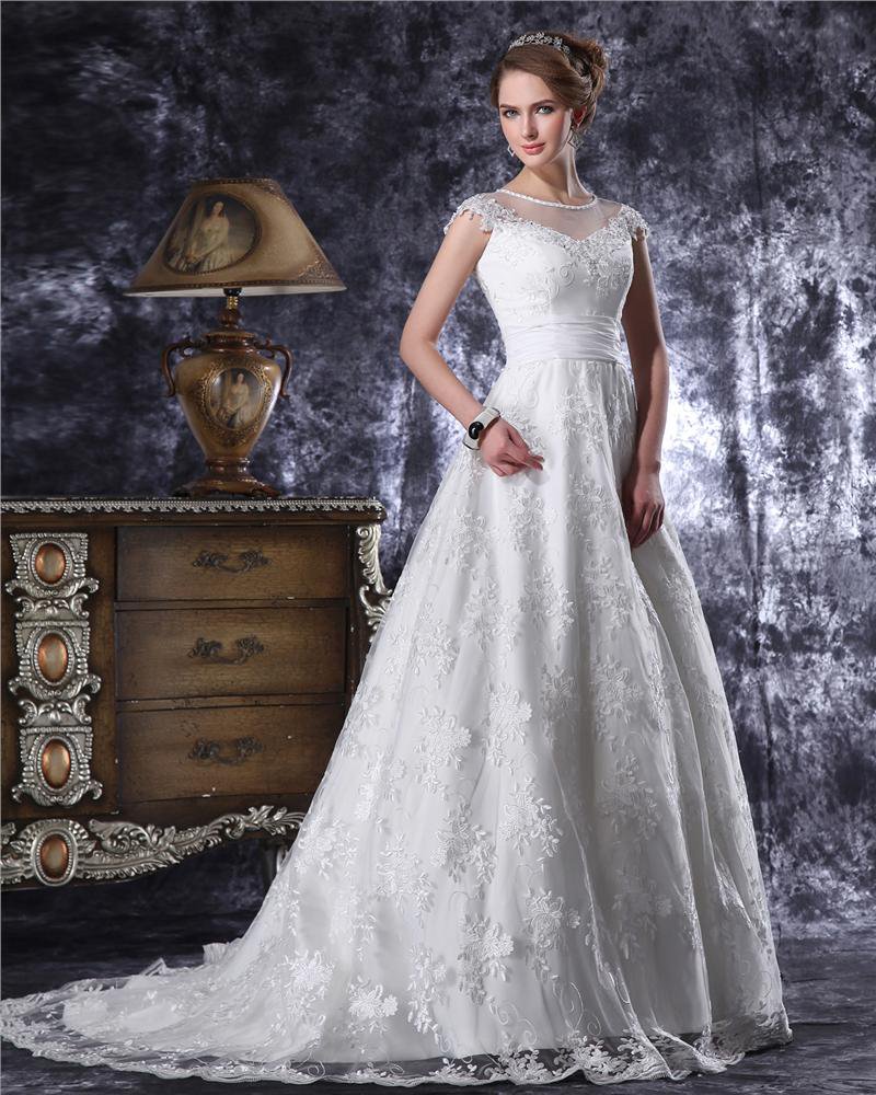 Graceful Ruffles Floor Length Jewel Lace A Line Wedding Dress