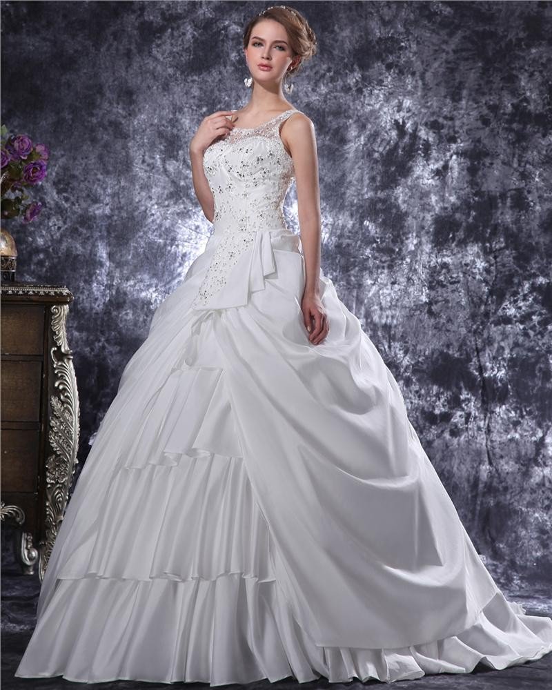 Graceful Beading Ruffles Spaghetti Straps Charmeuse A Line Wedding Dress