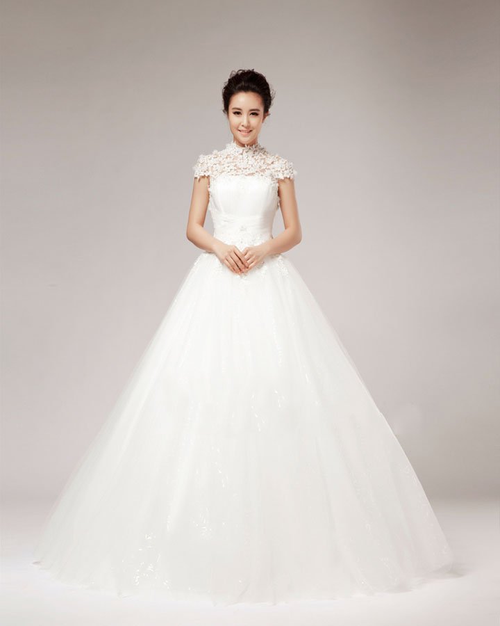 High Neck Beading Flower Floor Length Lace A Line Wedding Dress