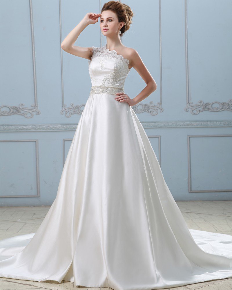Bowknot Back One Shoulder Satin Lace A Line Wedding Dress