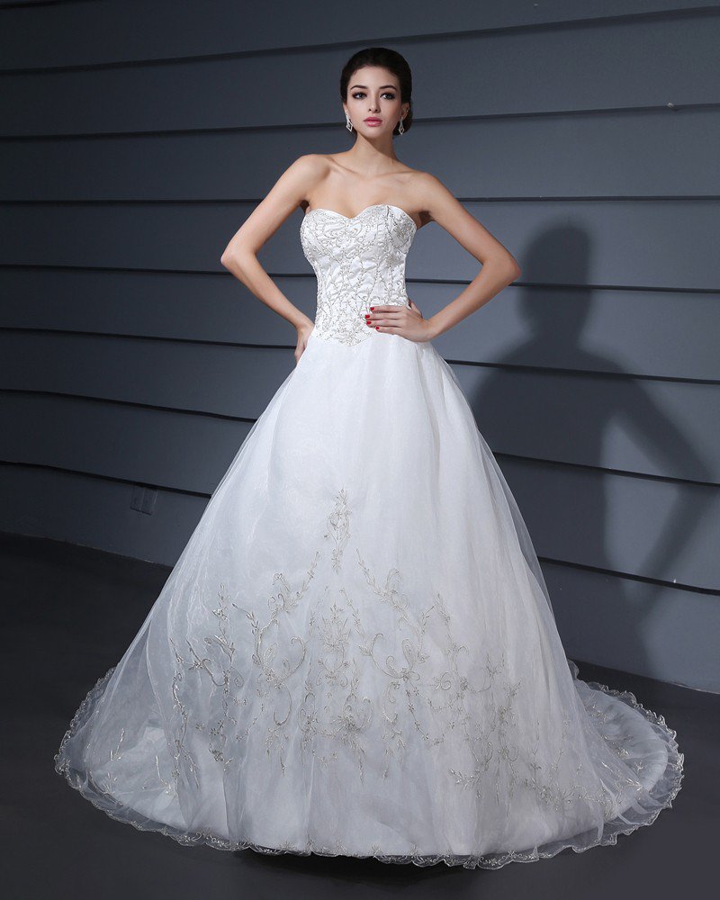 Monarch Train Embroidery Yarn Strapless A-Line Wedding Dress