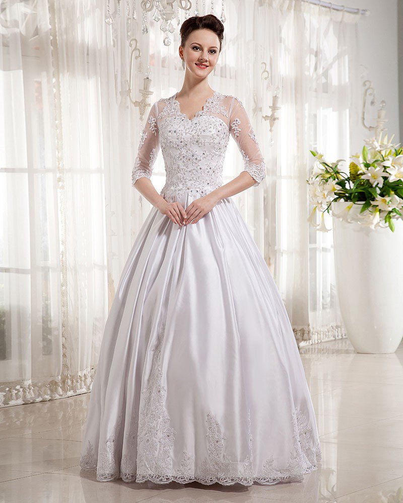 Satin V-Neck Applique Chapel Train A-line Wedding Dress