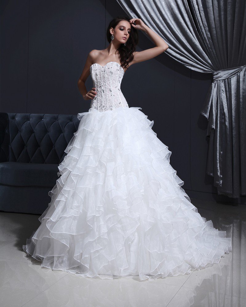Tulle Organza Strapless Flower Bead A-Line Wedding Dress