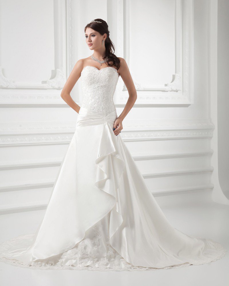 Satin Beads Applique Sweetheart Court Train A Line Wedding Dress