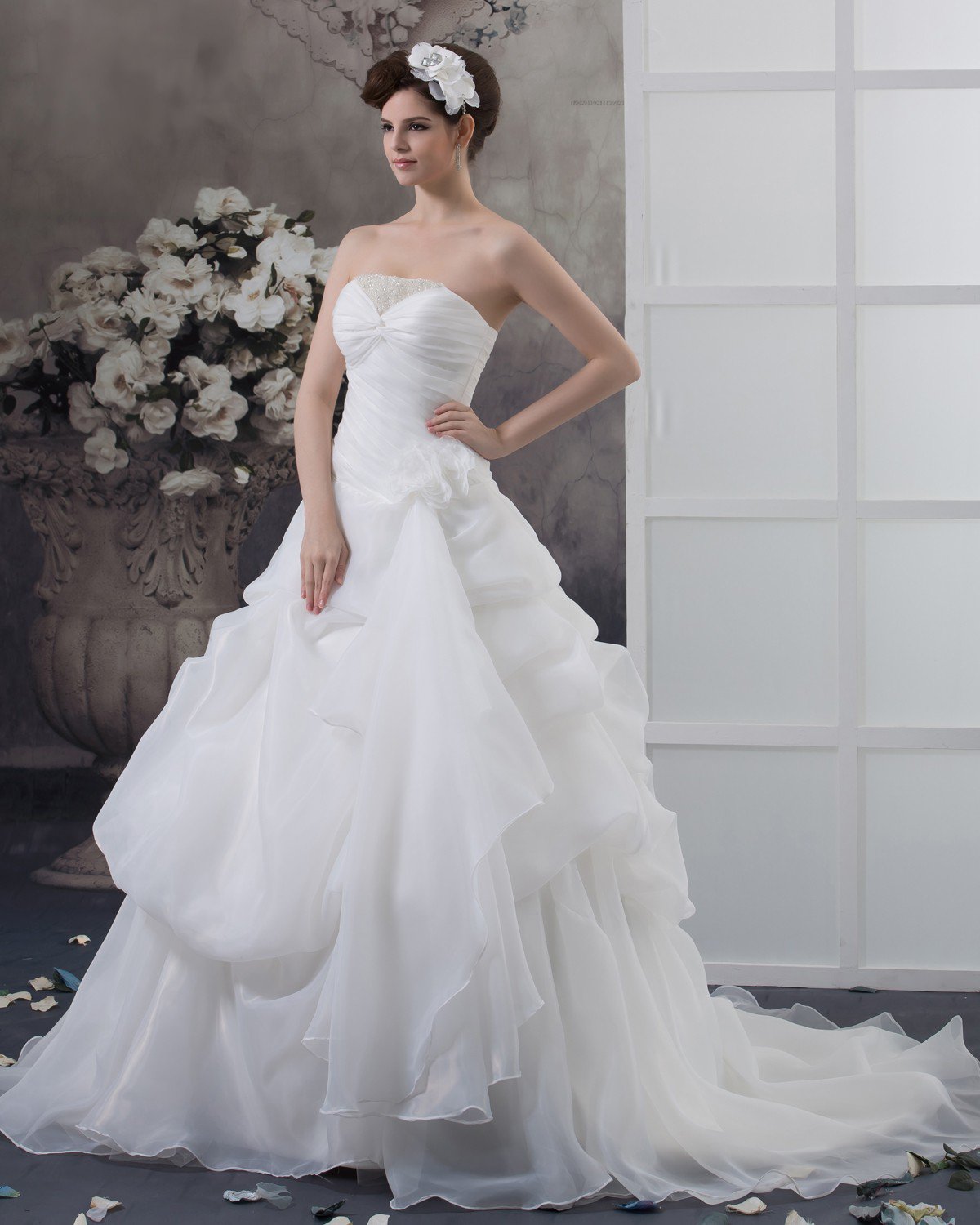 Satin Beading Ruffles Strapless Chapel A-Line Bridal Gown Wedding Dresses