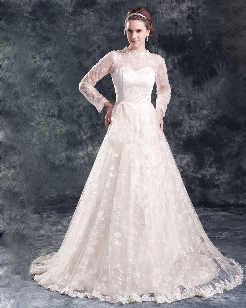 Lace Flower Floor Length Jewel Ball Gown Women A Line Wedding Dress