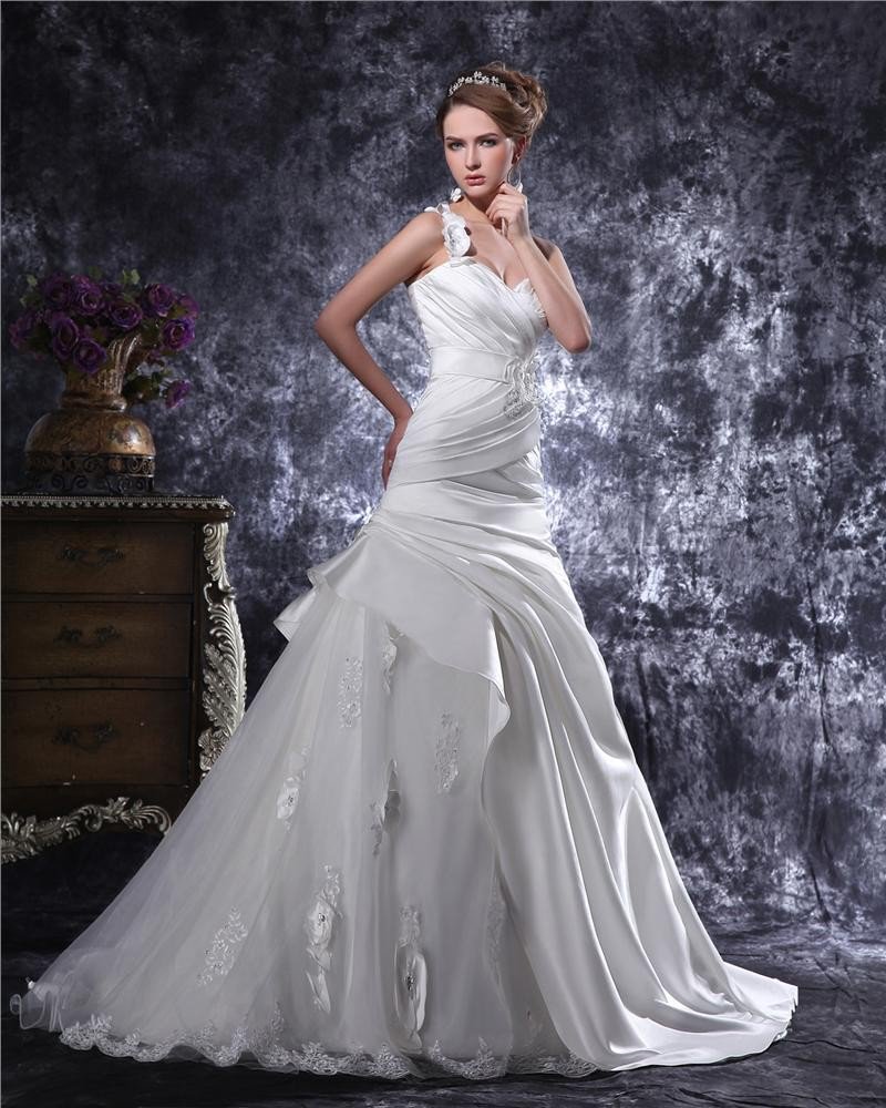 One Shoulder Beading Ruffle Floor Length Satin Mermaid Wedding Dress