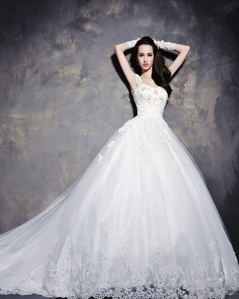 Satin Tulle Lace Beading Shoulder Straps Floor Length Cathedral Train A-Line Wedding Dress