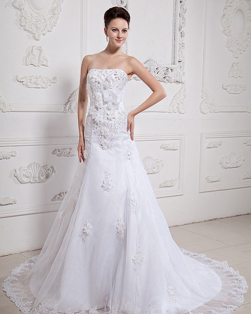 Beautiful Applique Beading Strapless Monarch Train Satin Organza A-Line Wedding Dress