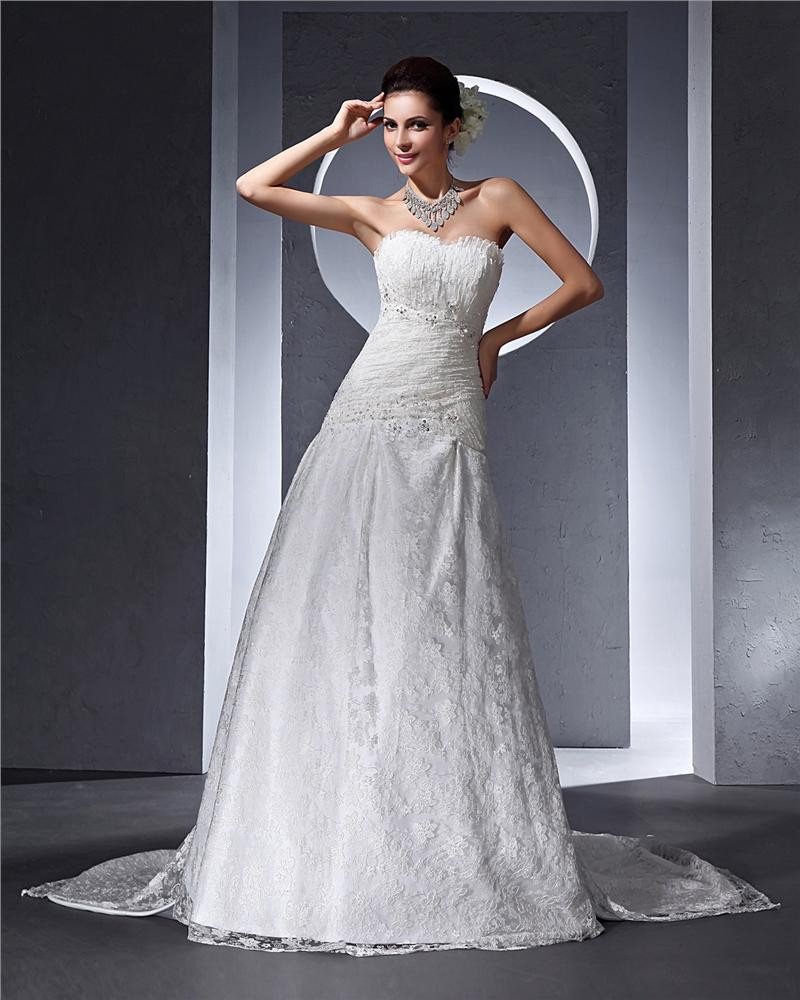 Sweetheart Ruffle Beading Floor Length Lace Woman A Line Wedding Dress