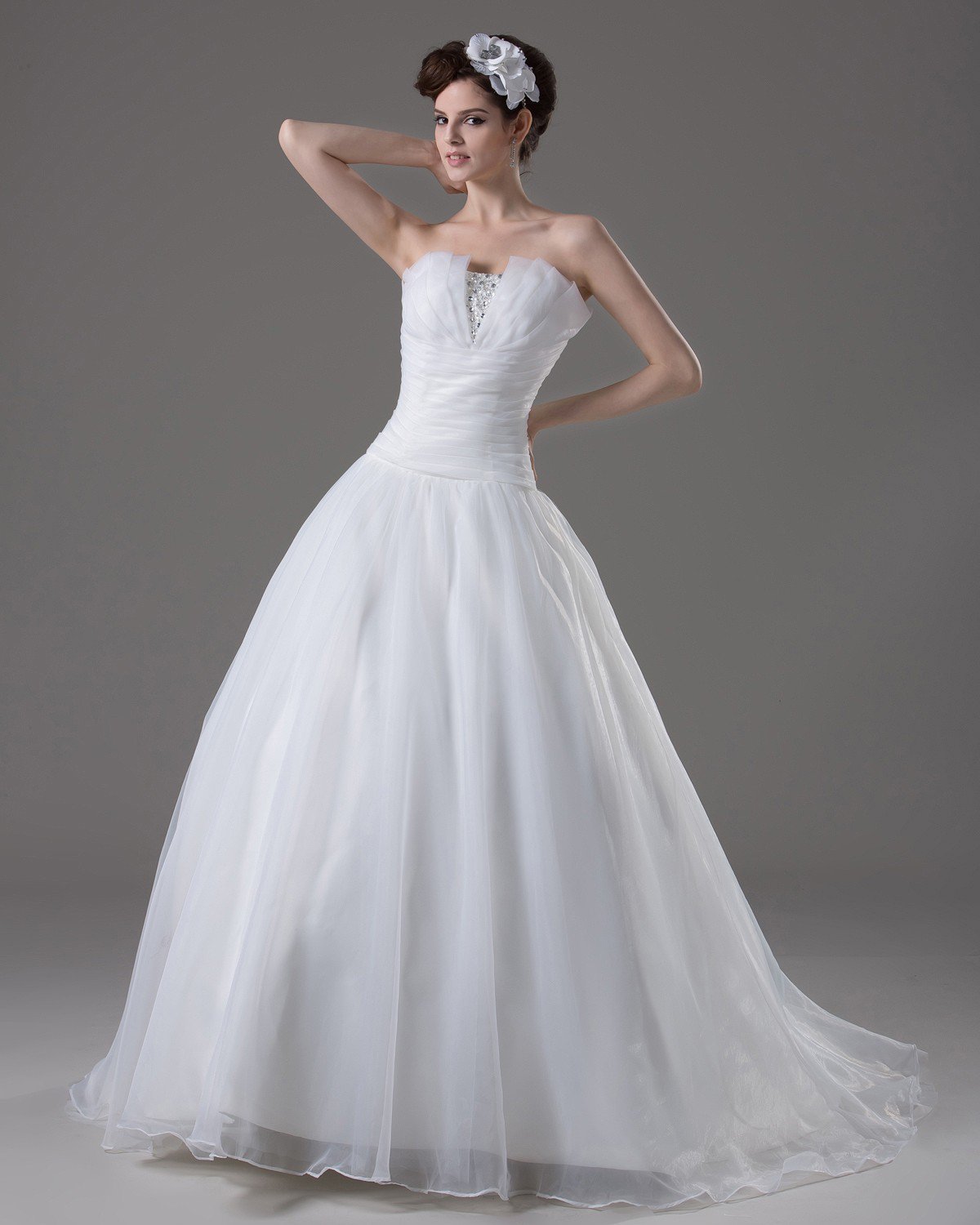 Strapless Floor Length Beading Pleated Yarn A Line Wedding Dress