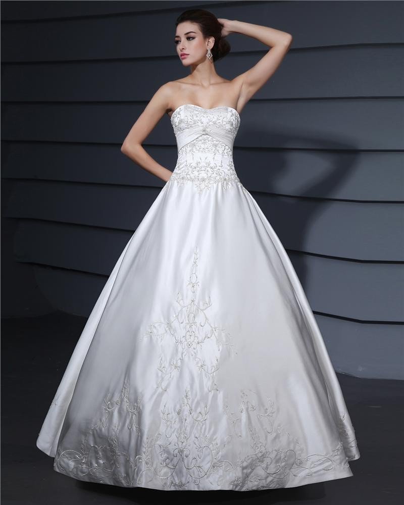 Satin Beading Embroidery Strapless Chapel A-line Bridal Gown Wedding Dress