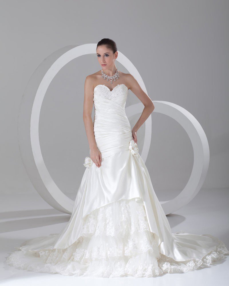 Satin Ruffle Flower Beads Sweetheart Court Train Ball Gown Women A Line Wedding Dress