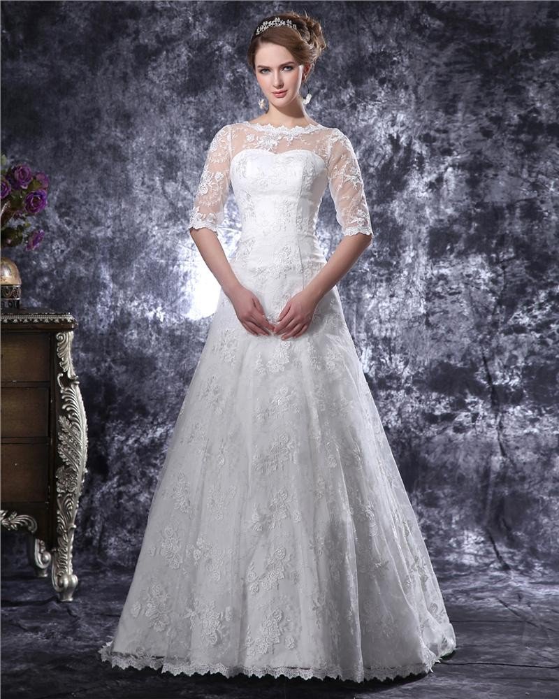 Graceful Lace Trimmings Bateau Floor Length Lace A Line Wedding Dress