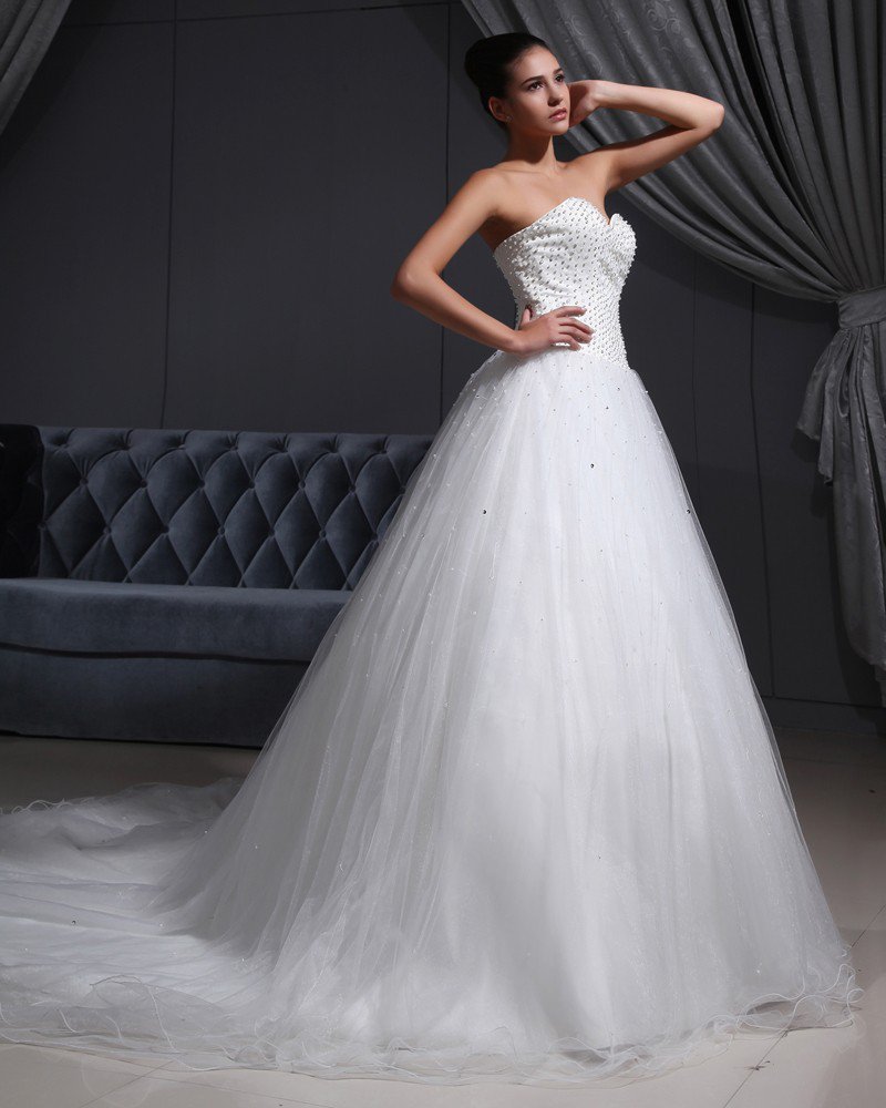 Ruffle Beaded Organza Sweetheart Chapel A-line Bridal Gown Wedding Dress