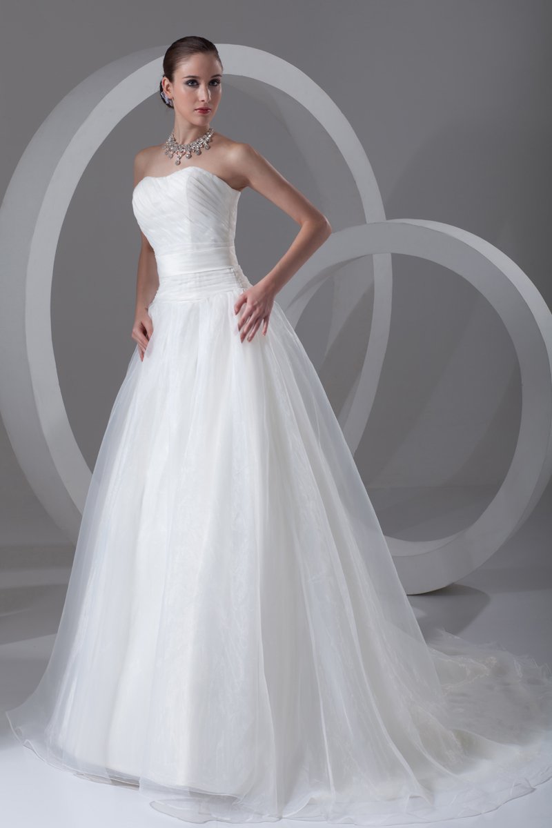 Organza Ruffle Strapless Court Train Ball Gown Women A Line Wedding Dress