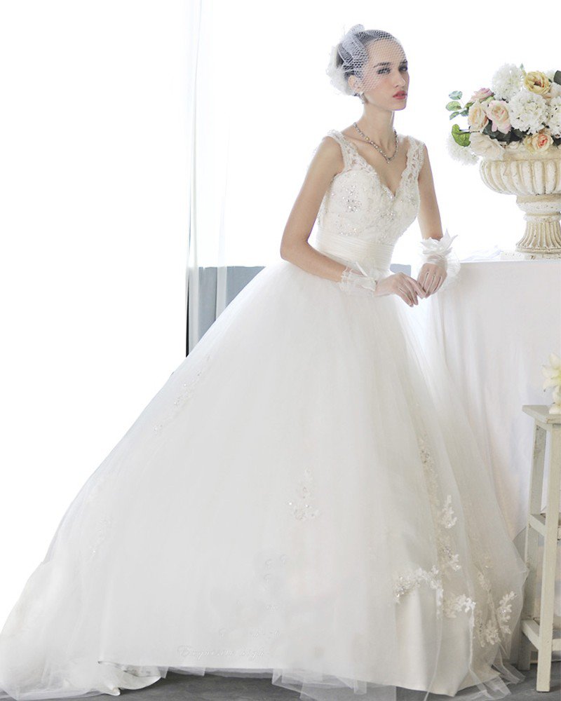 Satin Tulle Beading V Neck Floor Length Court Train A-Line Wedding Dress