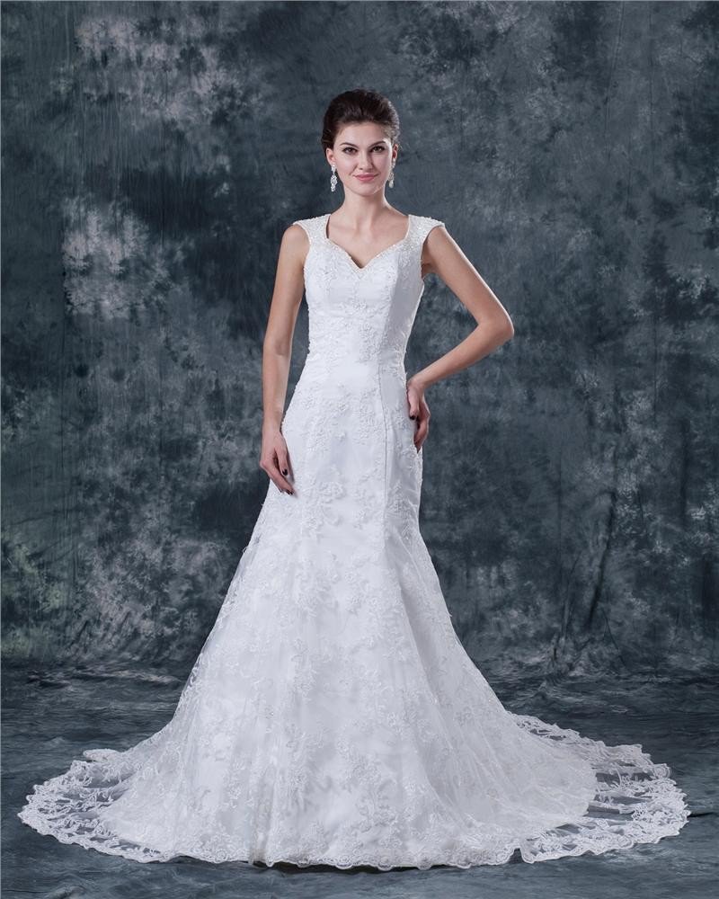 Satin Lace Applique Beaded Shoulder Straps Chapel A-line Bridal Gown Wedding Dress