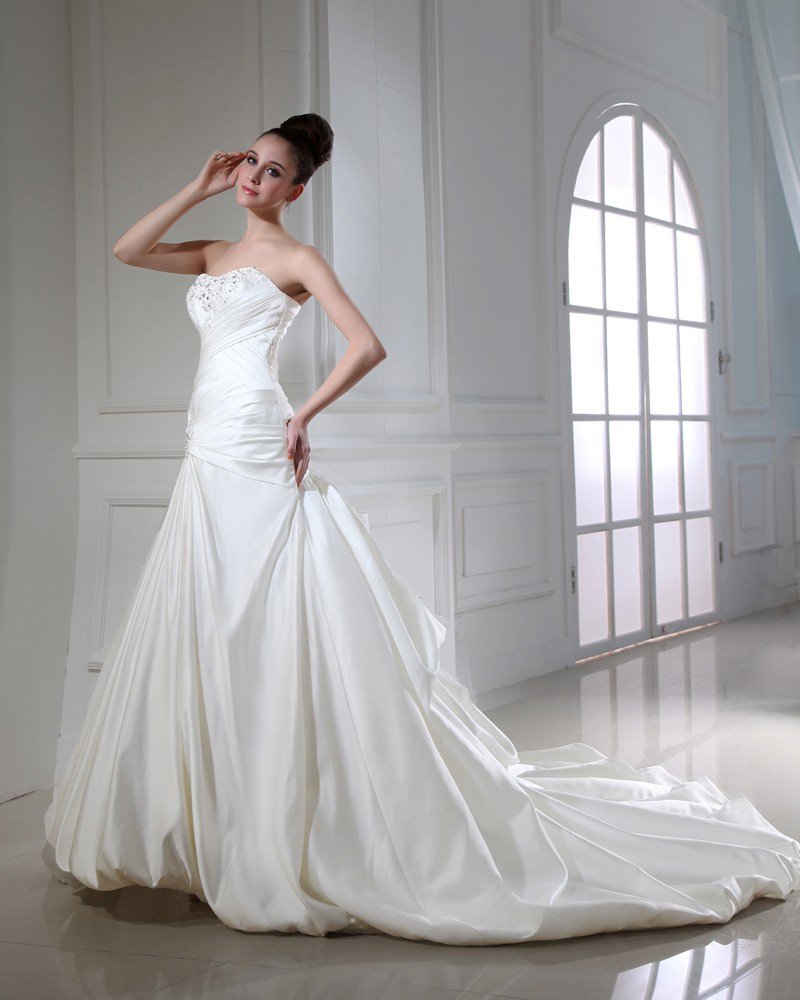 Taffeta Beading Ruffle Applique Strapless Chapel A-line Bridal Gown Wedding Dress