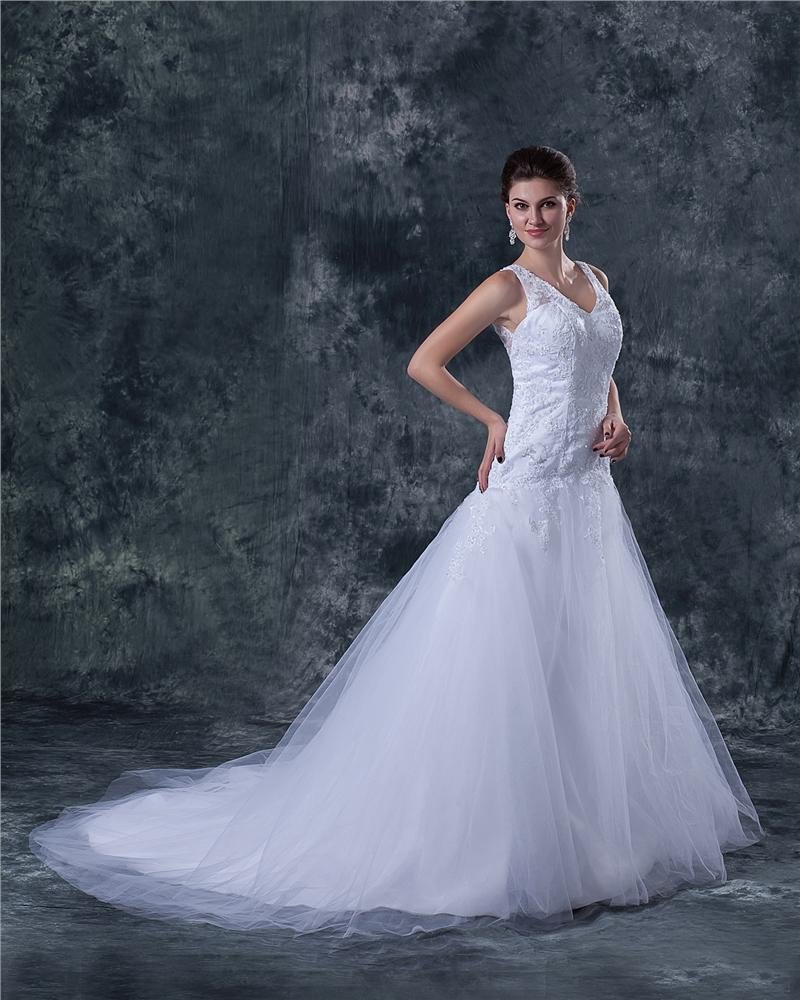 Tulle V-Neck Beading Sweep A-line Wedding Dress