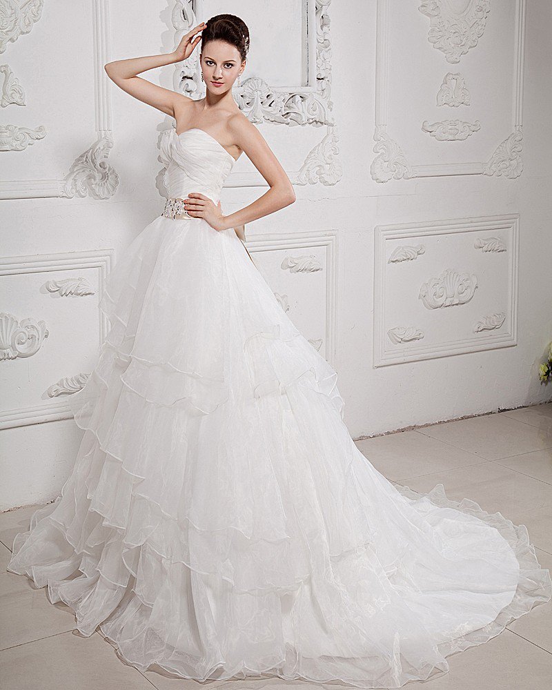 Taffeta Organza Pleat Beading Sweetheart Court Train A-Line Wedding Dresses