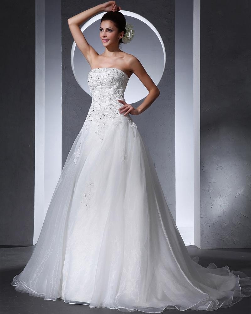 Beautiful Applique Beading Strapless Floor Length Court Train Organza A Line Wedding Dress