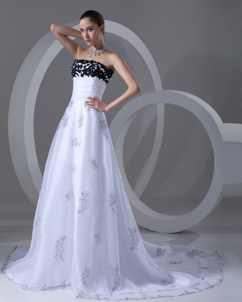 Organza Ruffle Beads Flower Strapless Court Train Women A Line Wedding Dress