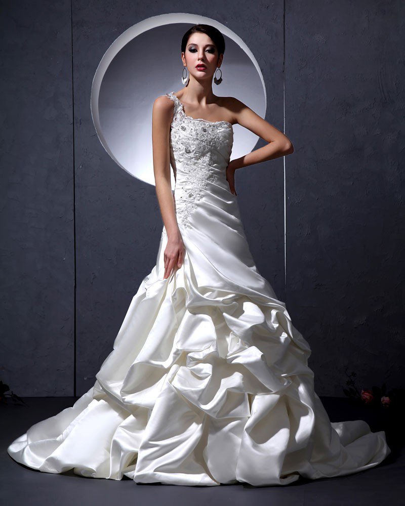 Fashion Satin Beaded Ruffle One Shoulder Embroidery Court A-Line Bridal Gown Wedding Dresses