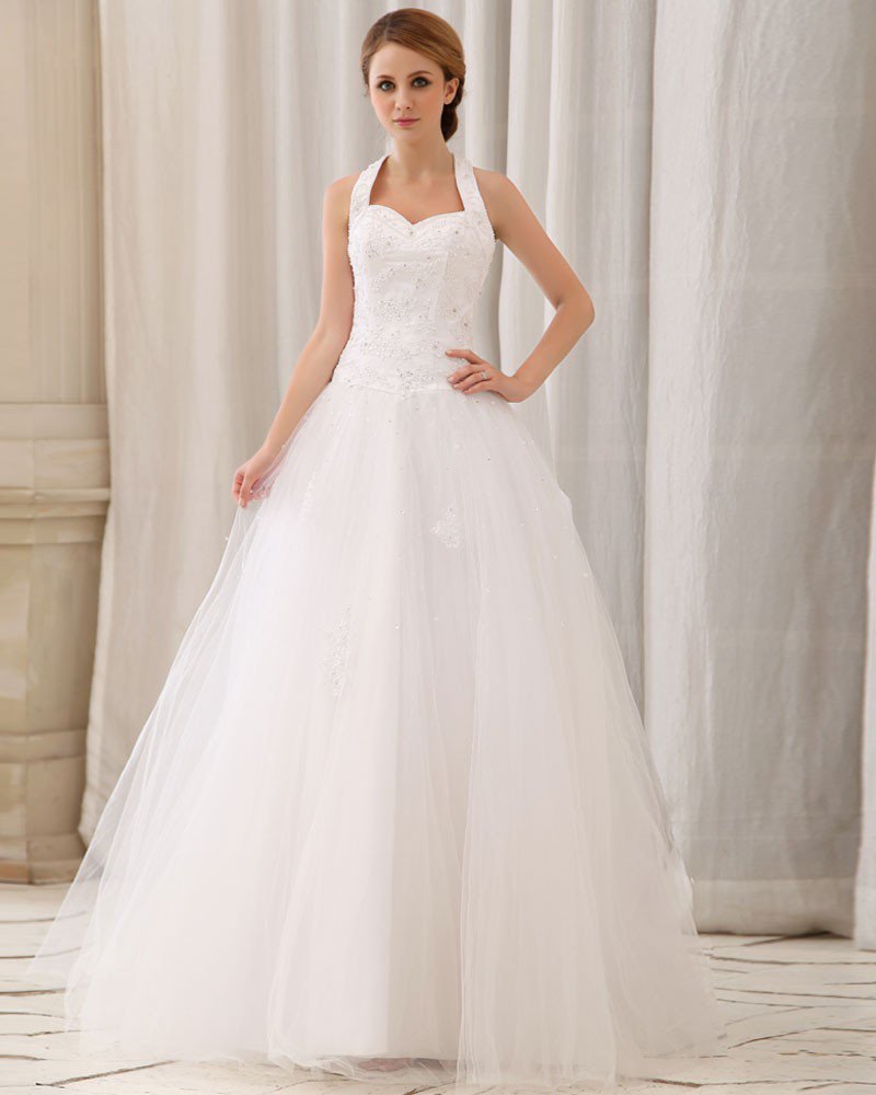 Elegant Solid Applique Beading Paillette A-Line Halter Back Zipper Court Train Satin Wedding Dress