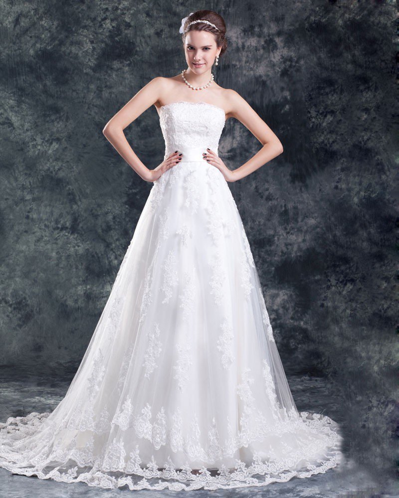 Tulle Lace Applique Beads Flower Court Train Strapless Ball Gown Women A Line Wedding Dress