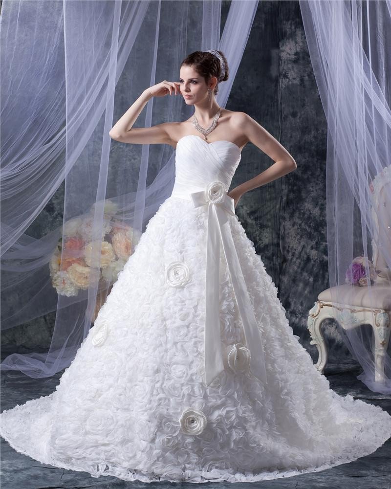 Satin Lace Flower Sweetheart Chapel A-Line Bridal Gown Wedding Dress