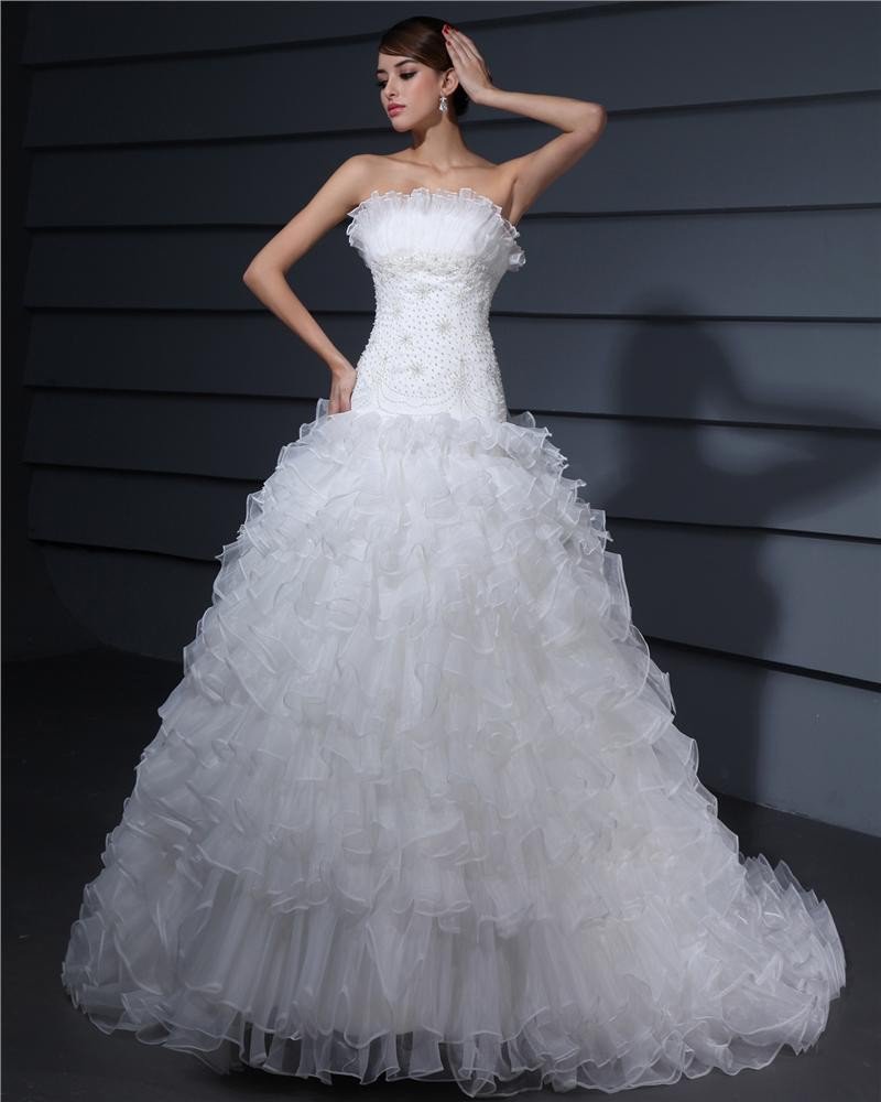 Strapless Sweetheart Ruffle Organza A Line Wedding Dress