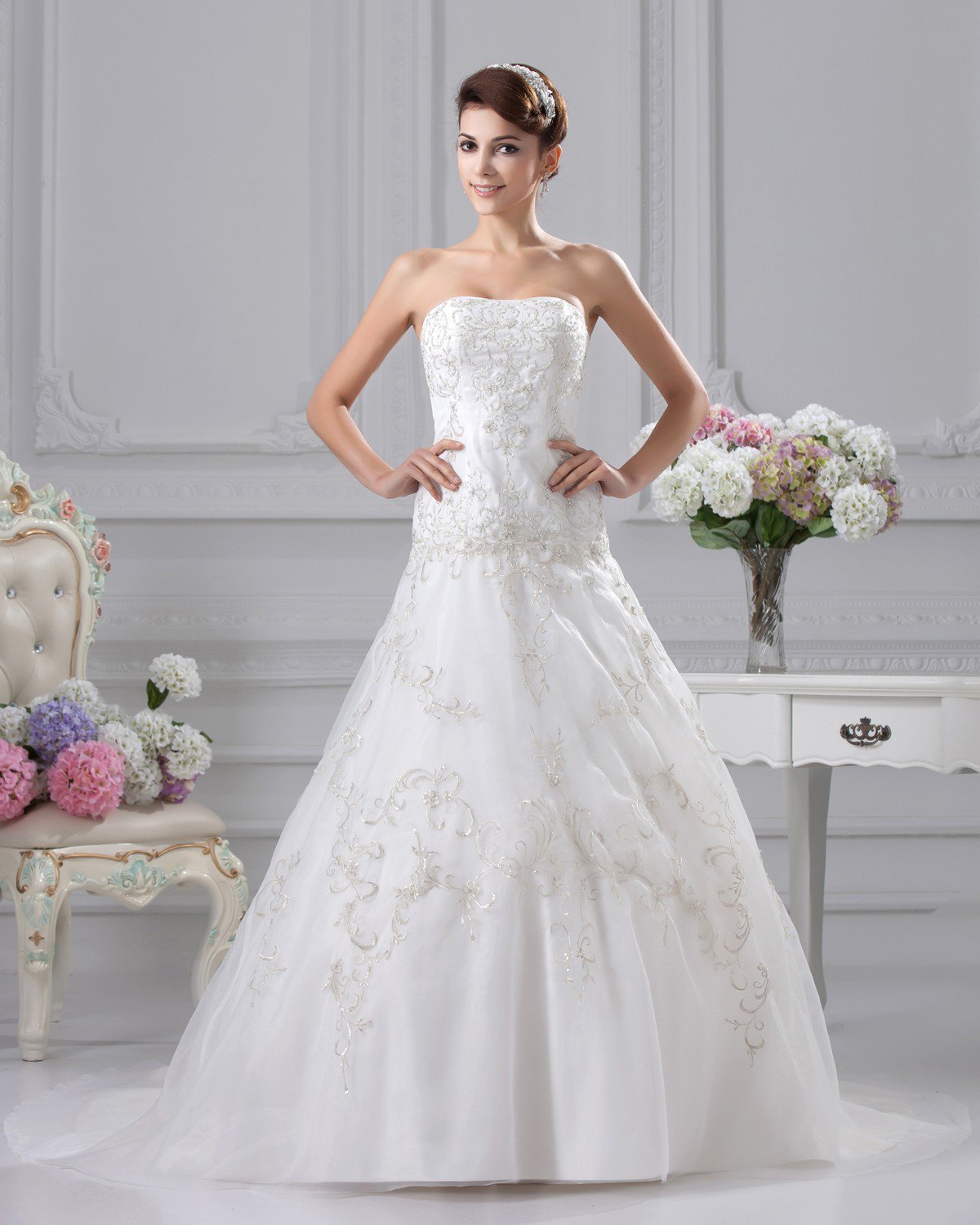 Elegant Embroidery Beading Strapless Floor Length Satin A Line Wedding Dress