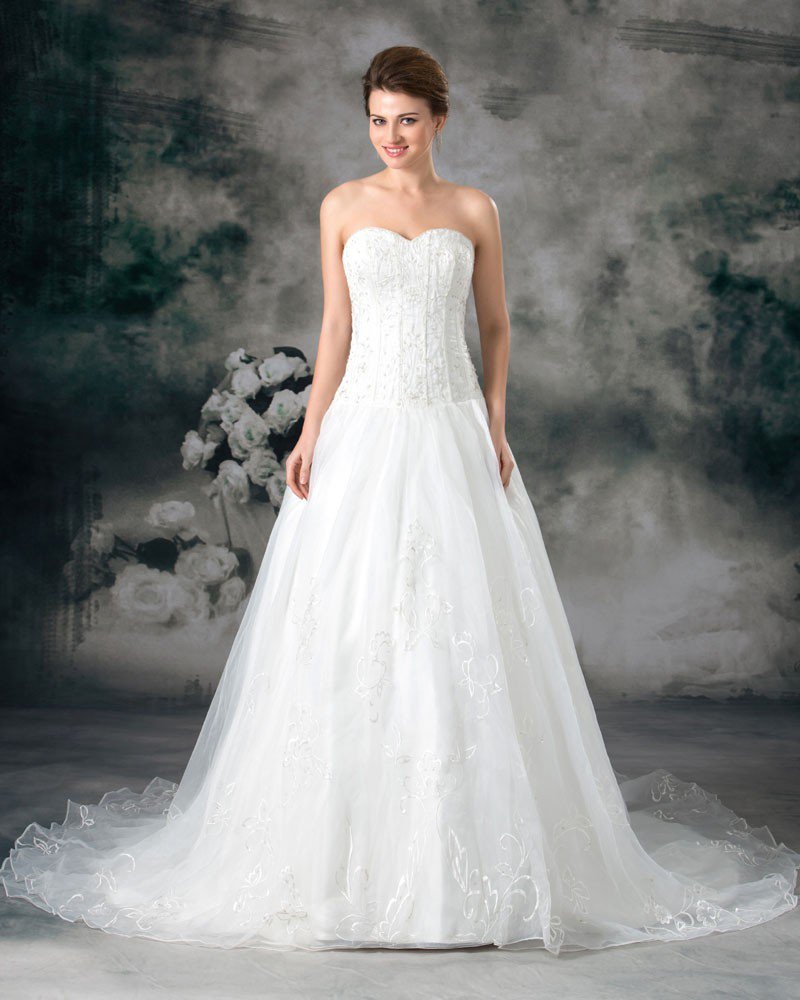 Organza Beading Embroidery Sweetheart Floor Length Court Train A-Line Wedding Dress