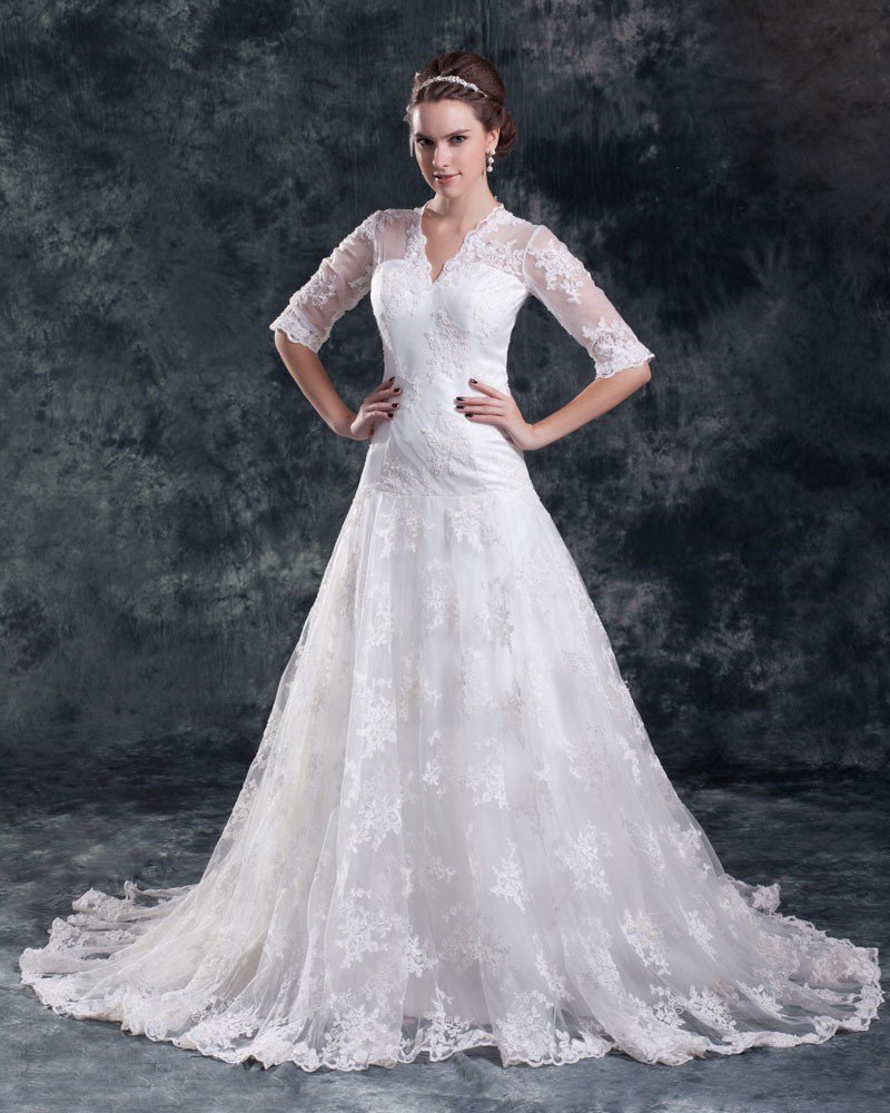 Lace Satin Flower Beads V Neck Court Train Women A Line Wedding Dress