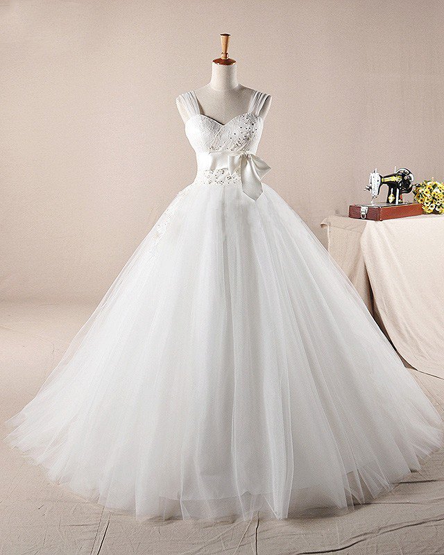 Graceful Ruffles Applique Beading Shoulder Straps Tulle A Line Wedding Dress